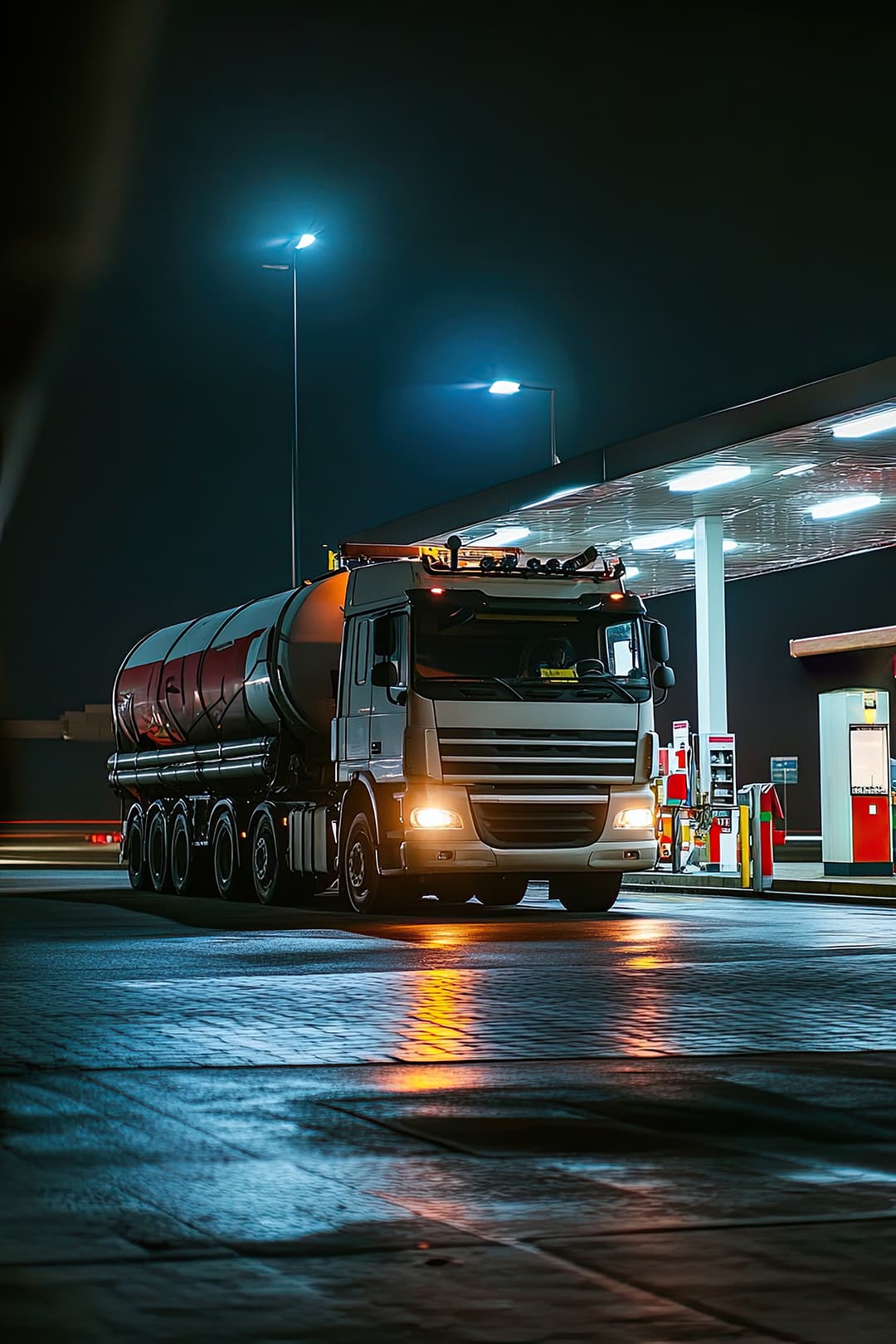 Commercial fuel delivery truck at gas station