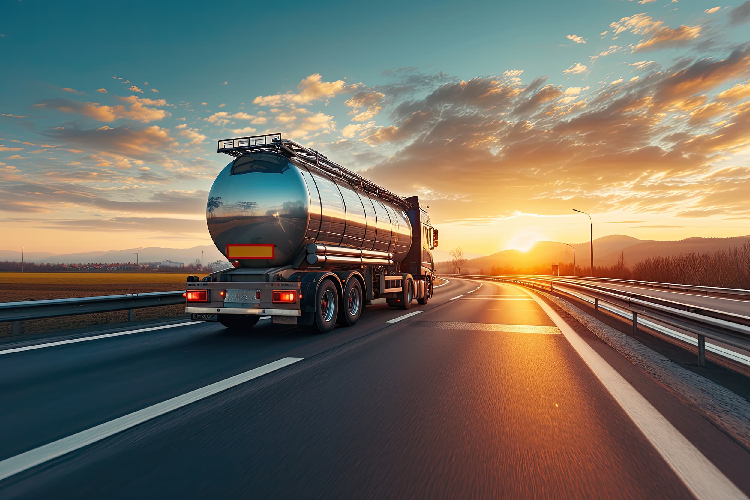 Fuel delivery truck on highway at sunset
